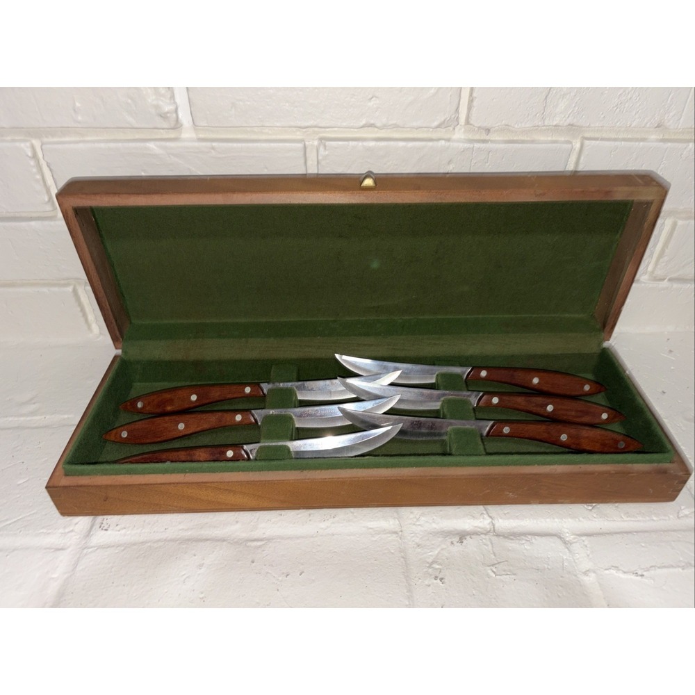 Vintage Set 6 Knifes w/ Wooden Handles & Stainless Blades Scimitar l